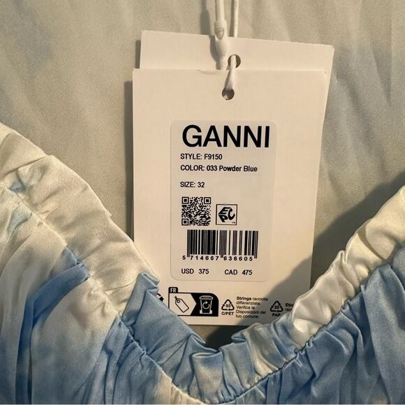 NWT GANNI Blue White Satin Powder Blue Mini Dress XS 32 - Picture 13 of 13